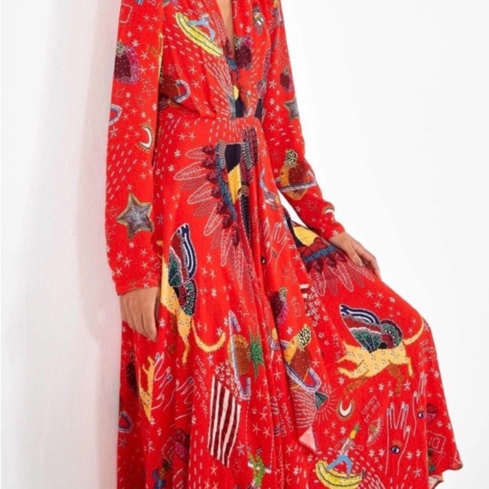 FARM Rio Red Printed Long-Sleeve Maxi Dress